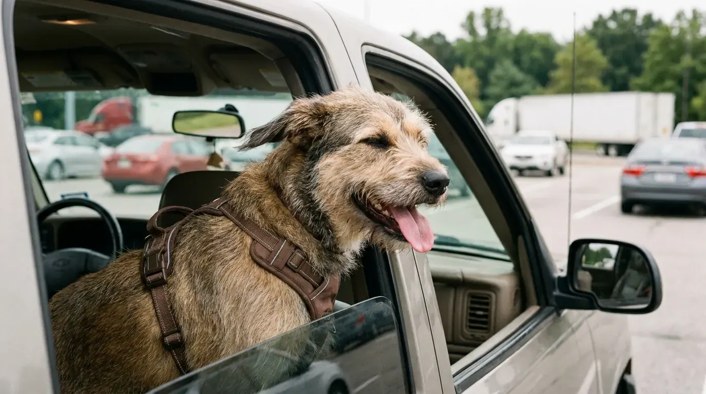 Dog wearing a car safety harness happily looking out a truck window at a rest stop, leash attached to front clip