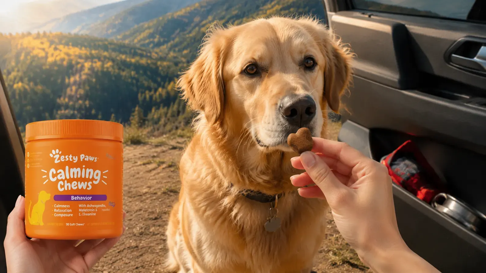 Hand offering a soft calming chew to a dog before a road trip