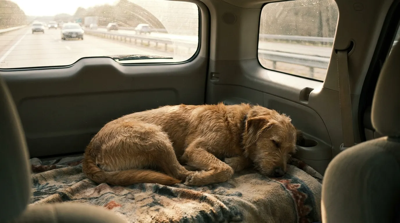 Dog sleeping calmly in the backseat of a moving vehicle on the highway