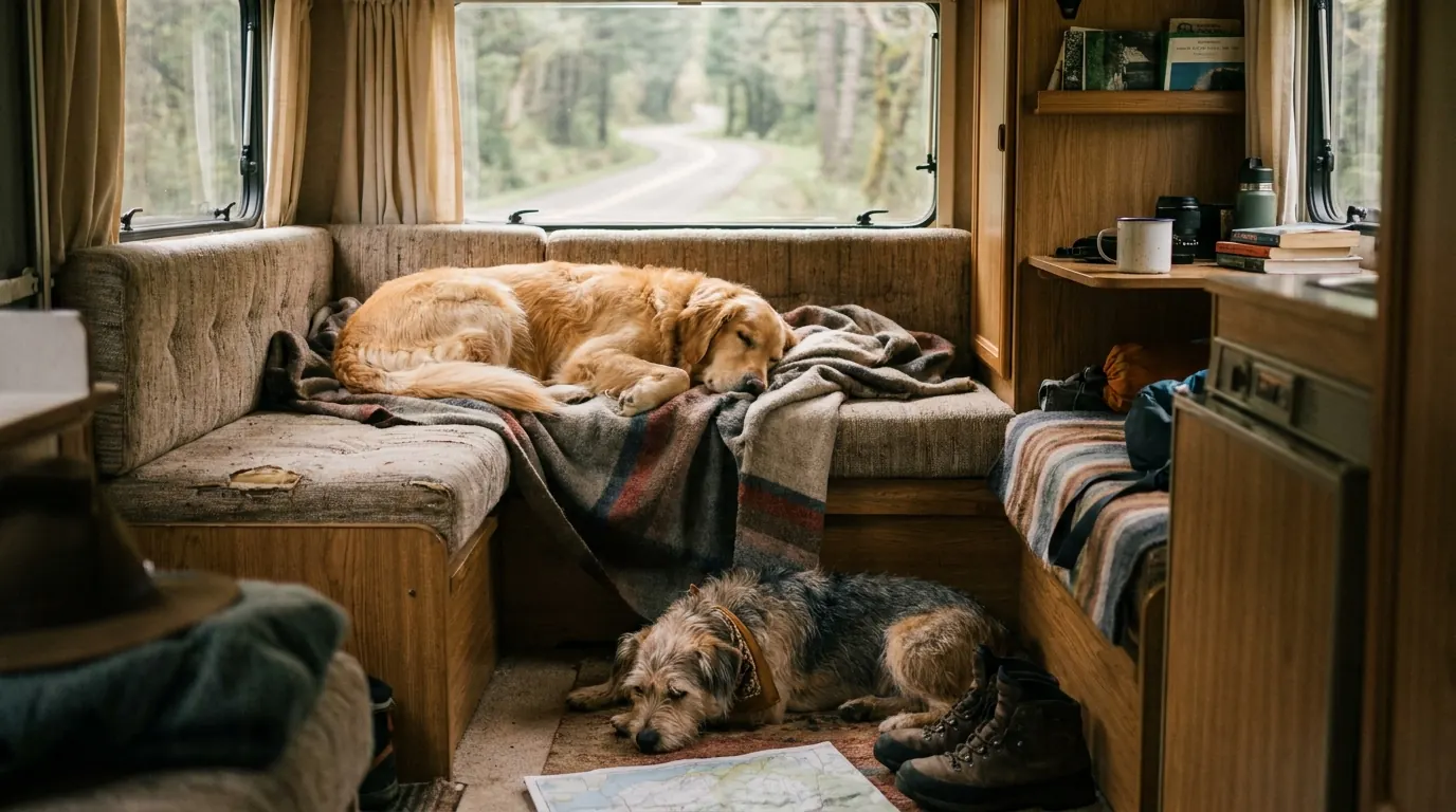 Two dogs relaxing in an RV interior, one napping on a bench seat