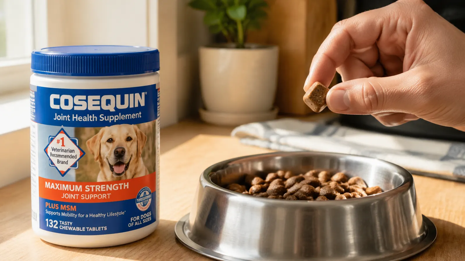 Hand holding a Cosequin chewable tablet above a dog food bowl with kibble