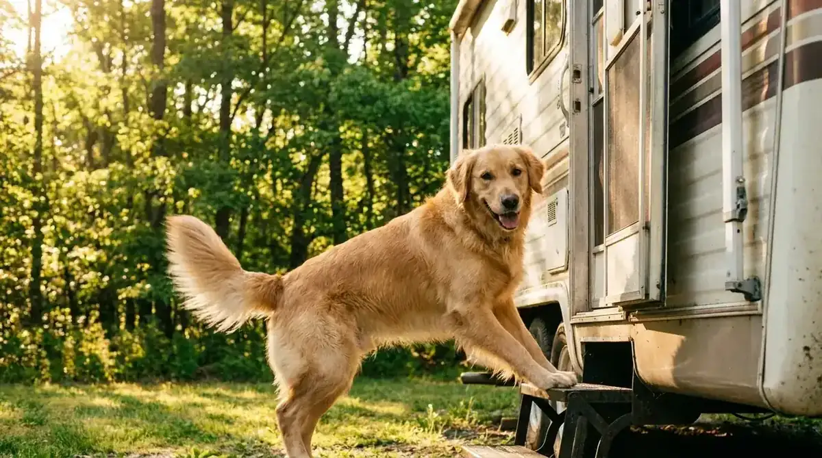 Golden retriever hopping up into an RV doorway with tail mid-wag, bright sunny day