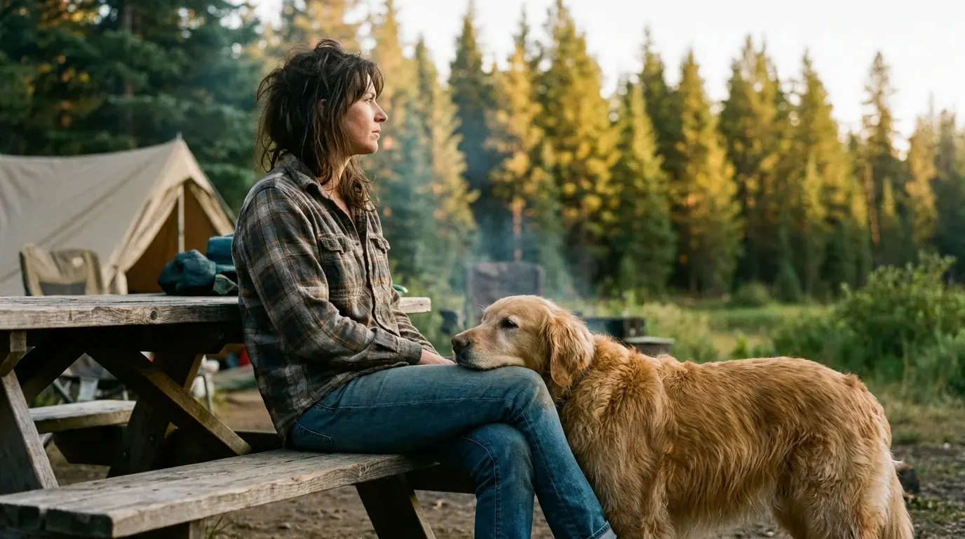 Woman and golden retriever sitting on a campsite picnic bench together, golden hour light
