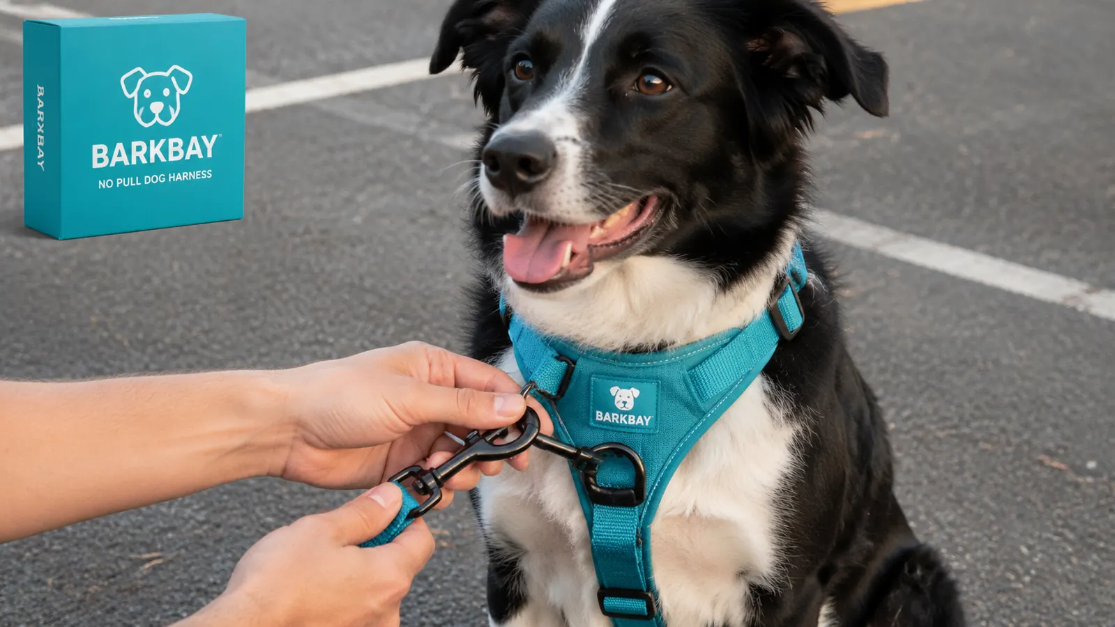 Close-up of a BARKBAY no-pull harness front clip being attached to a border collie mix leash