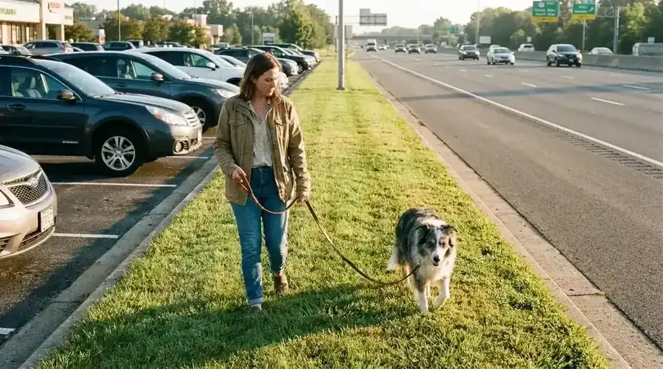 Border collie mix trotting calmly beside a woman on a grass strip at a rest stop, leash loose