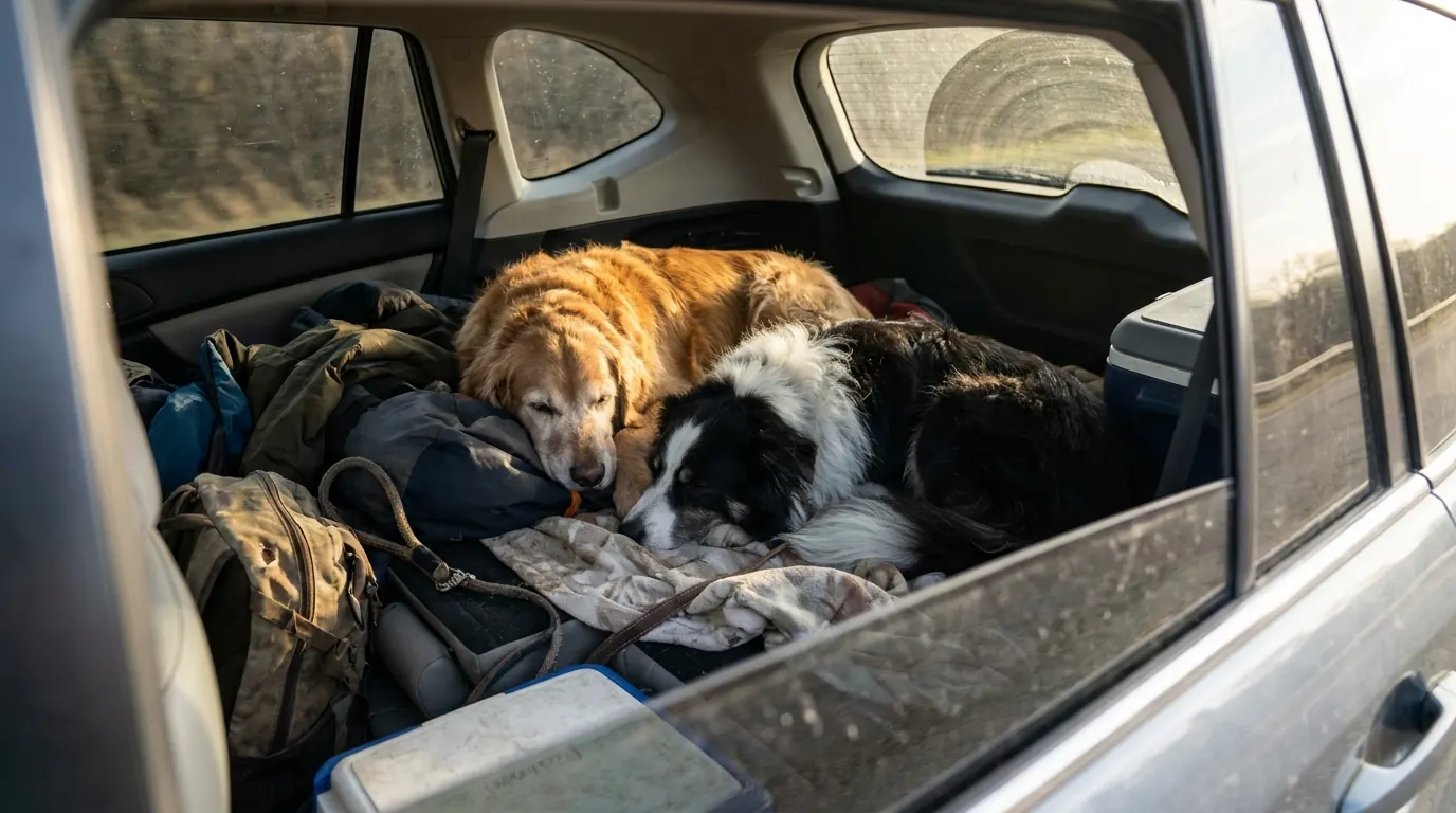 Two dogs resting in the back seat of an SUV through a car window