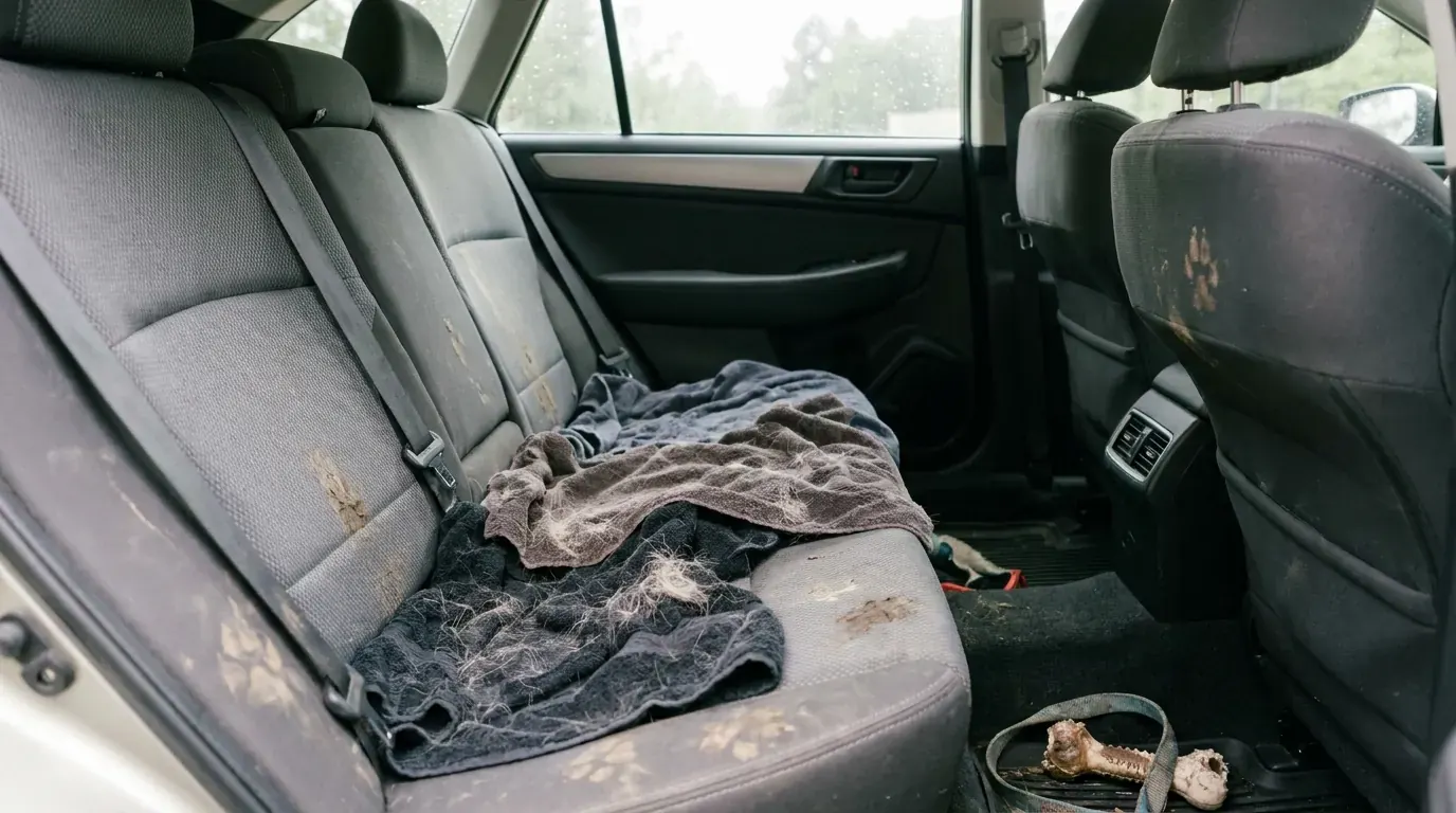 Pile of damp, dog-hair-covered bath towels balled up on a car seat after a road trip