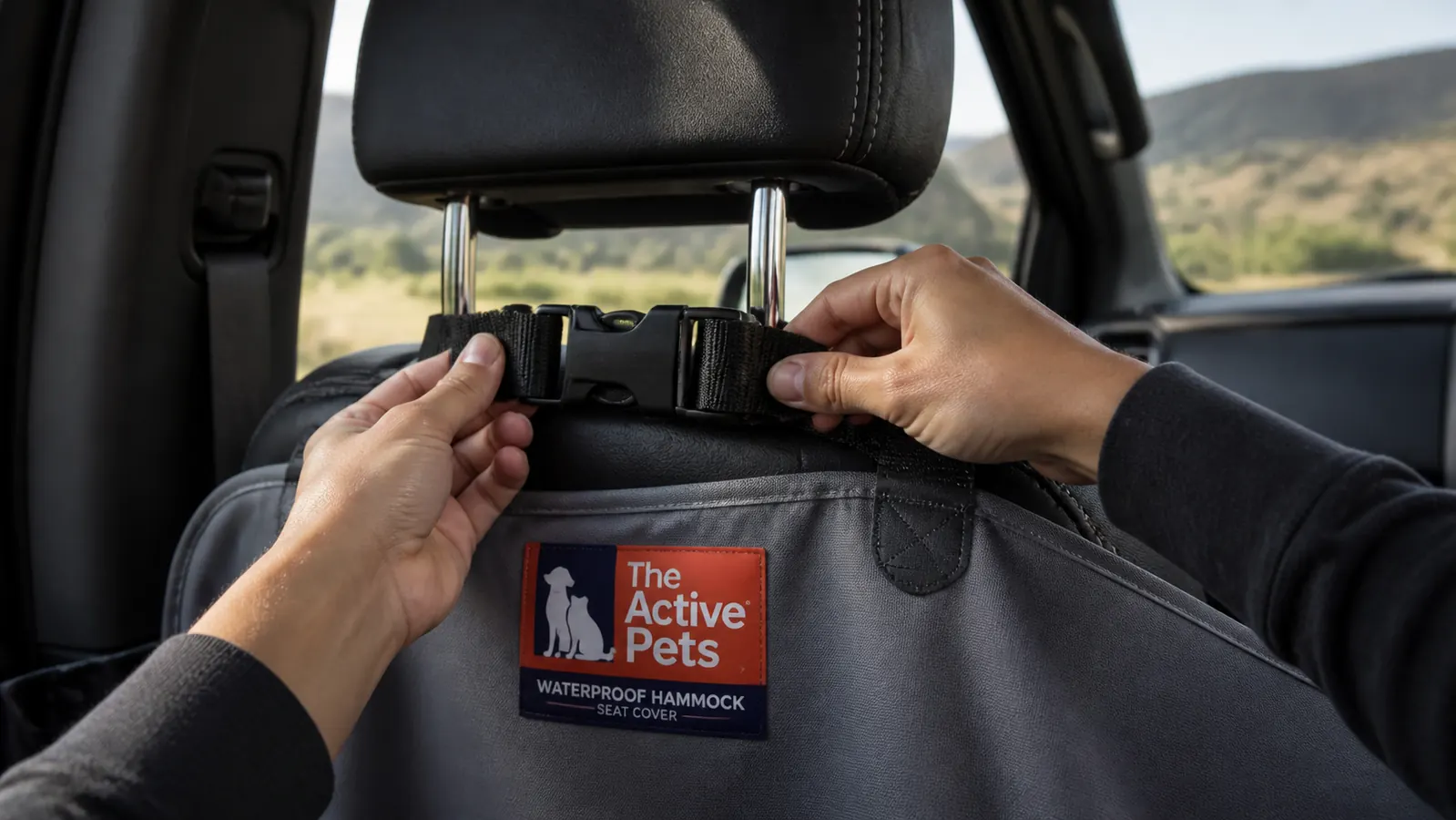 Hands clipping a gray dog seat hammock to headrest hooks inside a truck cab, easy installation