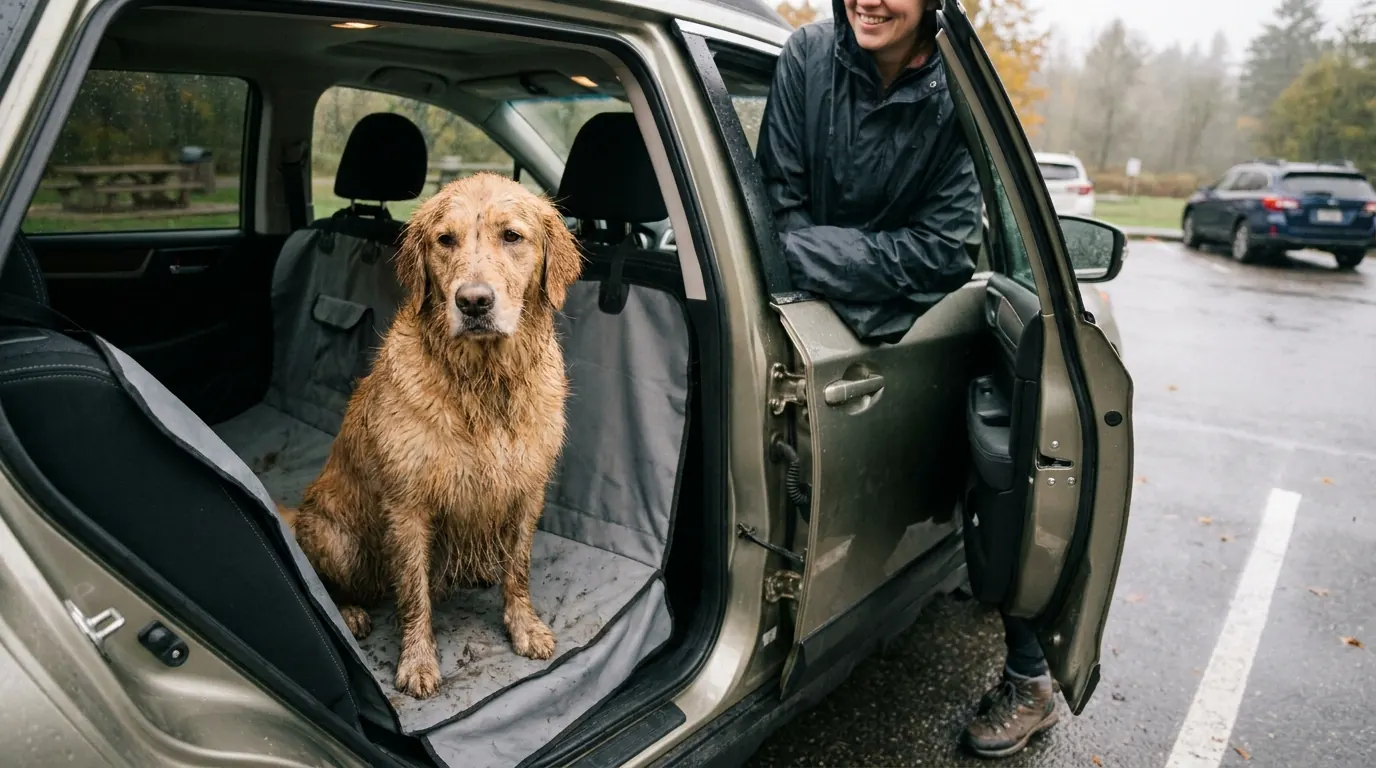 Muddy golden retriever sitting calmly on a waterproof car seat hammock at a highway rest stop, owner visible in background