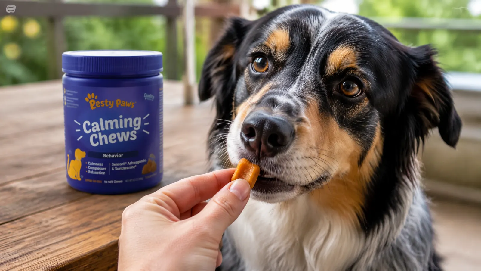 Hand holding a Zesty Paws calming chew near a dog's nose with a bottle visible in the background