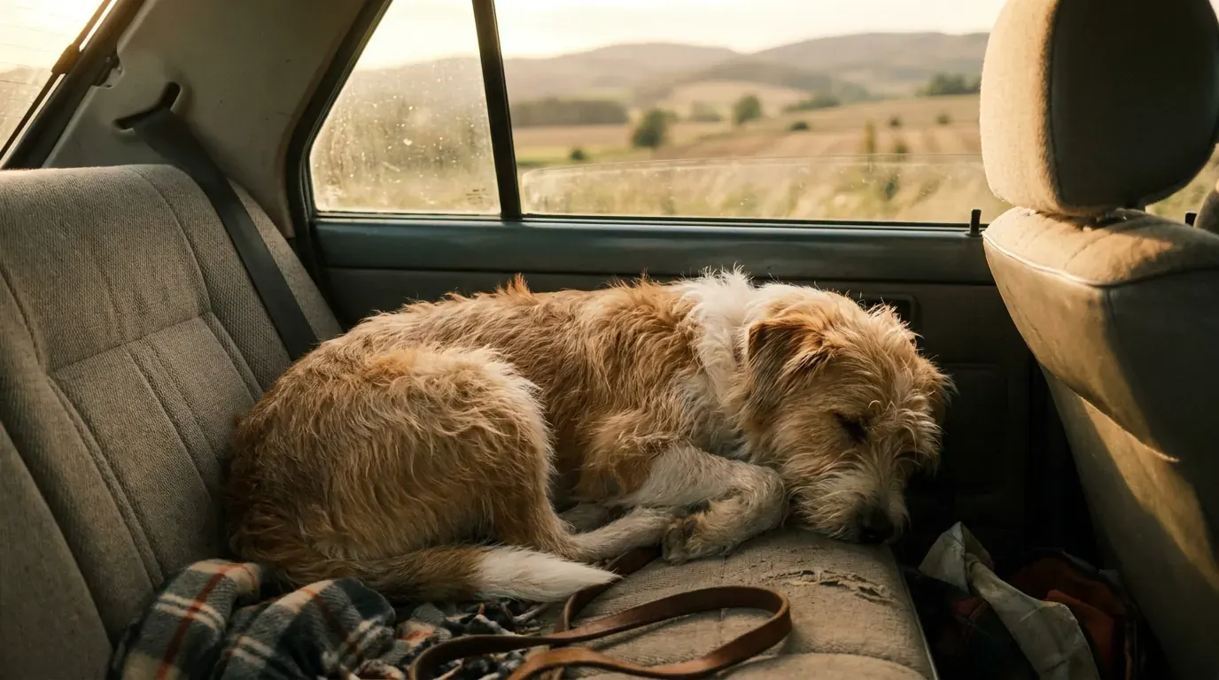 Dog resting calmly on a truck back seat during a road trip