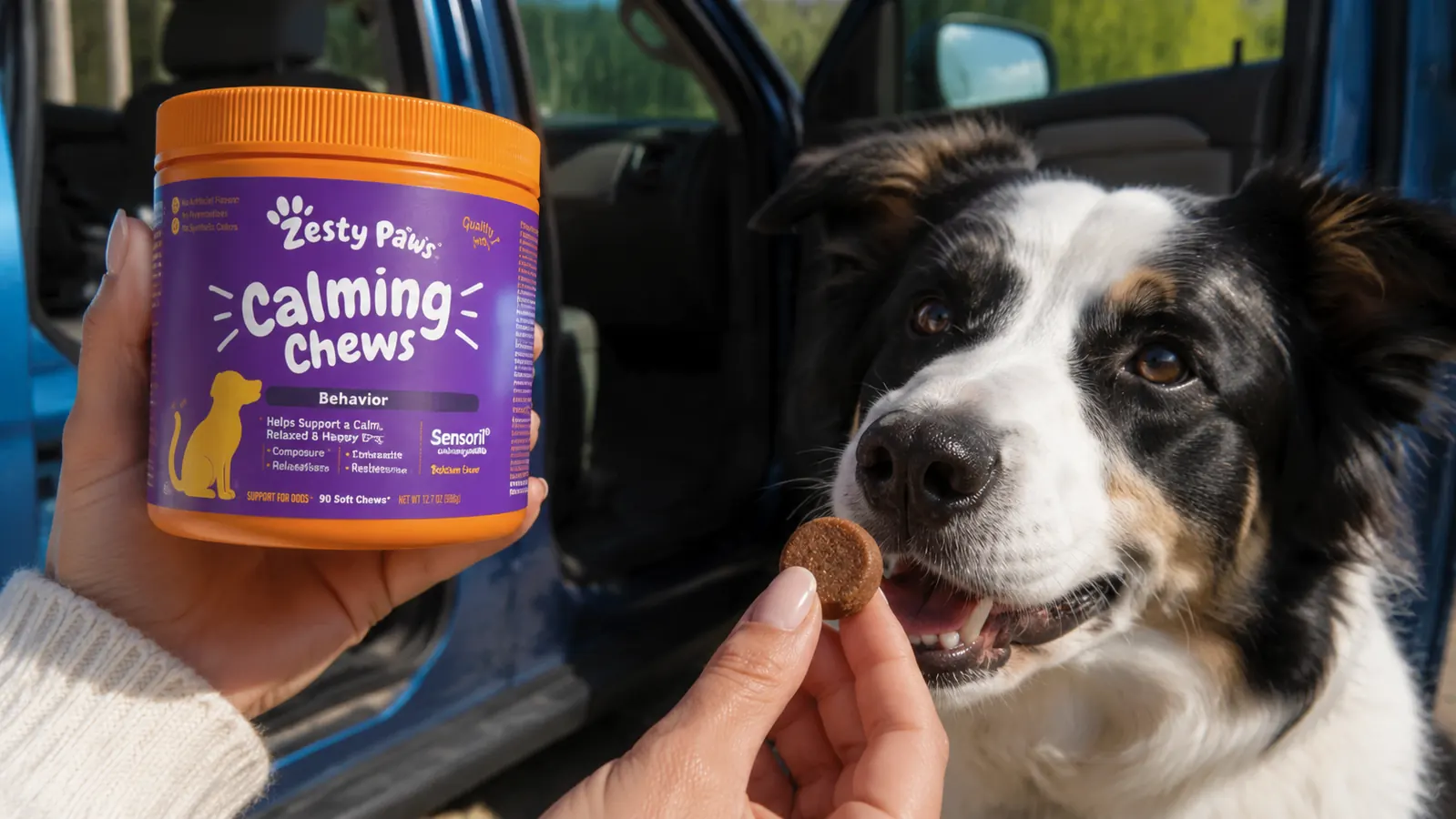 Hand offering a soft calming chew treat to a border collie mix before a car trip