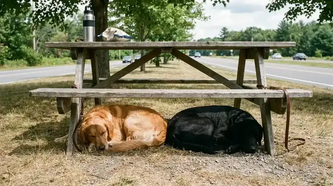 Border collie mix and golden retriever resting calmly at a rest stop picnic table during a road trip