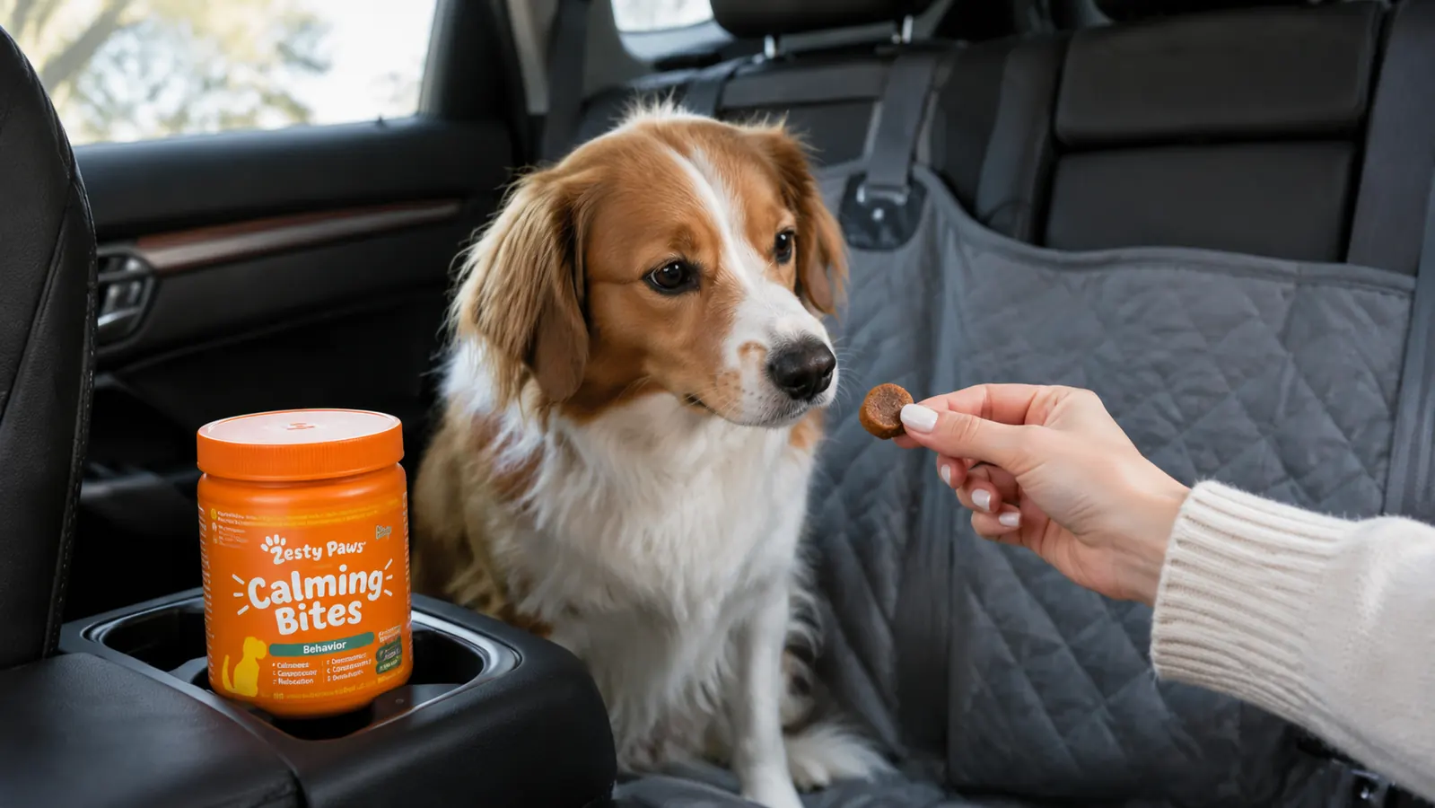 Hand offering a soft calming chew to a dog resting in the backseat of a vehicle