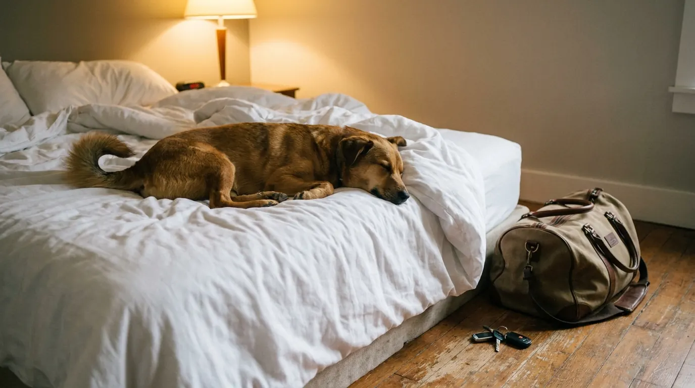 Dog sleeping peacefully on a hotel room bed next to travel bags